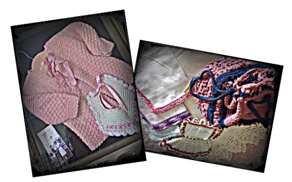 My baby sweater and bib, hankies, hot pads, purse